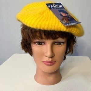 New Vintage Aris Yellow Knit Angora Blend Beret Winter Hat Fuzzy Sexy NWT